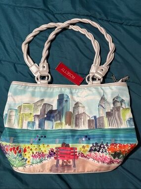 Rosetti Multicolor Cityscape Floral Tote with Braided silver & couple on